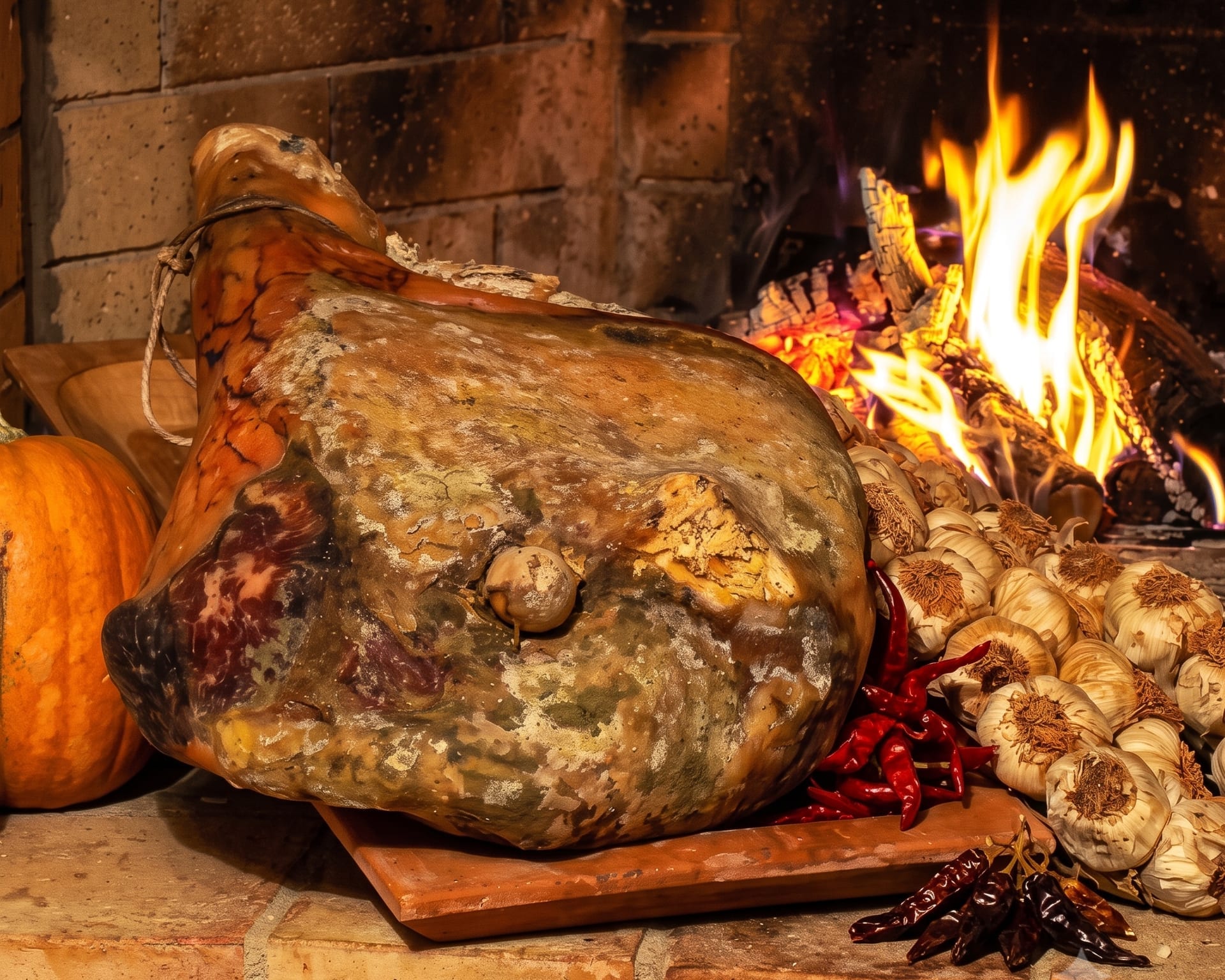 Il prosciutto stagionato accanto al fuoco, con aglio e peperoncini