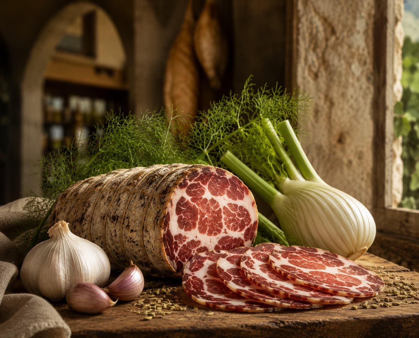 Coppa artigianale con finocchio, aglio e semi di finocchio sul banco della bottega